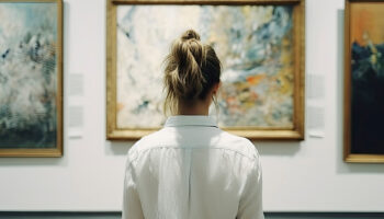 Young woman looks at paintings in a museum. Woman at art gallery